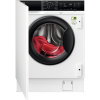 AEG 8000 PowerCare 8kg integrated washing machine, white with black control panel and open door showing red fabric inside.