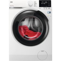White AEG washing machine with black circular door, digital display, and silver control knob.