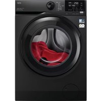 Black AEG washer dryer with digital display, circular door, and visible laundry inside.