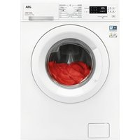 White AEG washer dryer with digital display, round door, and visible red clothing inside.