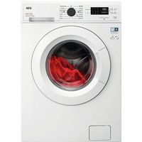 White AEG washer dryer with digital display, round door, and control knob, showing red fabric inside drum.