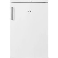 White AEG undercounter fridge with a sleek design, vertical handle, and minimalist logo on the door.