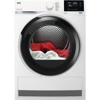 White AEG 7000 Series 8KG heat pump tumble dryer with black circular door and digital display panel.