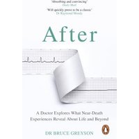 "White book 'After' by Dr. Bruce Greyson, features EKG line on cover, explores near-death experiences."