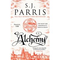 "Alchemy book by S.J. Parris, white cover with red illustrations of Prague and bold black title text"