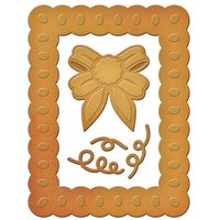 Rectangular gold die-cut with scalloped edges, featuring a bow and swirling ribbon design in the center.