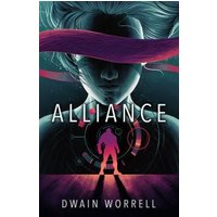 "Alliance book cover with silhouette of a person, futuristic elements, and a large face in the background, by Dwain Worrell"
