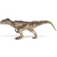 Allosaurus dinosaur model with brown scales, red spine, and detailed claws, standing in a walking pose.