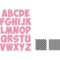 Pink alphabet die-cut set by Marianne Design with bold letters, includes checkered and striped pattern sheets.