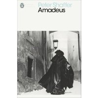 Paperback book "Amadeus" by Peter Shaffer, cover shows a cloaked figure in a narrow, dimly lit alley.