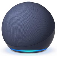 Echo Dot 5th Gen smart speaker, dark blue fabric, spherical shape, LED light ring at base.