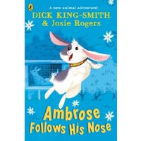 Children's book "Ambrose Follows His Nose" with a white rabbit jumping on a blue background.