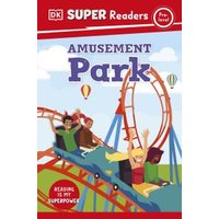 Children's book "Amusement Park" with roller coaster illustration and red DK Super Readers banner.