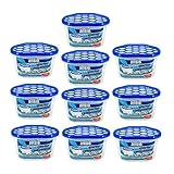Pack of 10 ANSIO dehumidifiers with blue lids and white moisture-absorbing crystals in clear containers.