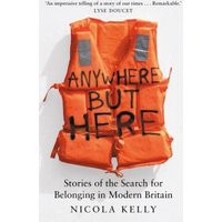 "Book 'Anywhere but Here' with orange life jacket cover, black text, by Nicola Kelly"