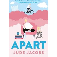 Book cover "Apart" by Jude Jacobs, features a woman on a pink chair, a cyclist on clouds, and a blue sky background.