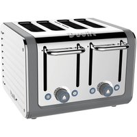 Grey Dualit Architect 4-slot toaster with stainless steel accents, two control dials, and lever handles.