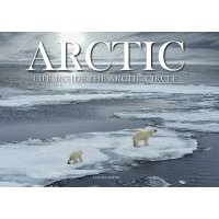 "Arctic book cover featuring polar bears on ice floes under a cloudy sky with the title in large white letters."