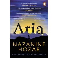 "Aria book by Nazanine Hozar, dark cover with silhouette of city skyline and yellow-orange sky."