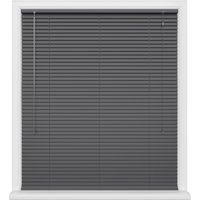 Gray horizontal window blinds with white pull cords and a white frame.