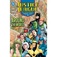 Comic book cover titled "Justice League: Around the World" featuring various superheroes in colorful costumes.