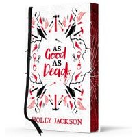 "As Good as Dead" book with red and black illustrations on white cover, black ribbon bookmark.