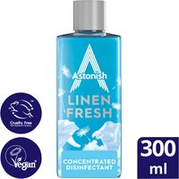 Astonish Linen Fresh Concentrated Disinfectant 300ml, blue bottle with white text and silver cap, vegan and cruelty-free logos.