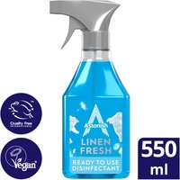 Blue Astonish Linen Fresh disinfectant spray bottle, gray trigger, 550ml, vegan and cruelty-free logos.