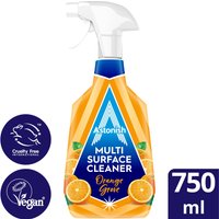 Astonish Multi Surface Cleaner 750ml, orange bottle with spray nozzle, featuring citrus graphics and vegan logo.