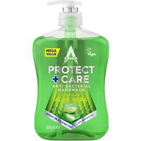 Astonish Protect + Care Anti-Bacterial Handwash, green bottle, aloe vera, 600ml, pump dispenser, vegan logo.