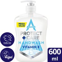 Astonish Protect + Care Anti-Bacterial Handwash, 600ml clear bottle with pump, blue and silver label, Vitamin E.