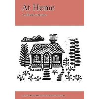 "At Home book with red cover, black and white illustration of a cottage surrounded by trees"