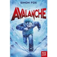 "Avalanche book cover featuring a person in blue winter gear running through snow, with bold red title text."