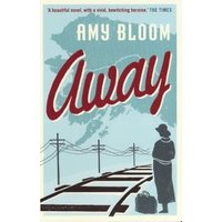 "Away" book cover with red title, silhouette of a woman by train tracks, and light blue background with map outline.
