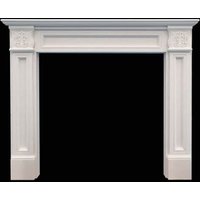 White limestone fireplace surround with acanthus leaf detailing and classic rectangular design.