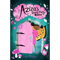 "Pink fairy door with whimsical flowers, a small fairy character, and a teal background with stars and sparkles"