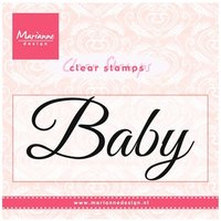 Clear stamp set by Marianne Design featuring the word "Baby" in elegant script on a pink patterned background.