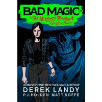 "Bad Magic graphic novel cover with a woman in black and a blue skull in the background"