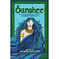 "Banshee" book cover with illustrated woman, flowing blue hair, gold necklace, and Celtic border design.