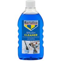 Bartoline Brush Cleaner in clear bottle with blue liquid, white cap, and colorful label featuring cleaning images.