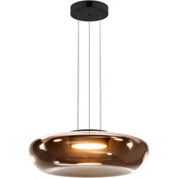 Black cylindrical LED pendant light with a glossy finish, suspended by three wires, emits warm 3000K dimmable light.