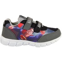 Black and gray Batman sneaker with Velcro straps and superhero graphic on the side, white cushioned sole.