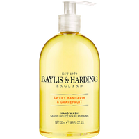 Clear bottle of Baylis & Harding Mandarin & Grape hand soap, 500ml, with pump dispenser and orange liquid.