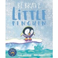 Children's book "Be Brave Little Penguin" with a penguin on ice against a glittery blue background.