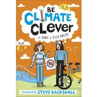 "Be Climate Clever book with illustrated cover, showing two people, wind turbines, and a bicycle against an orange sky."