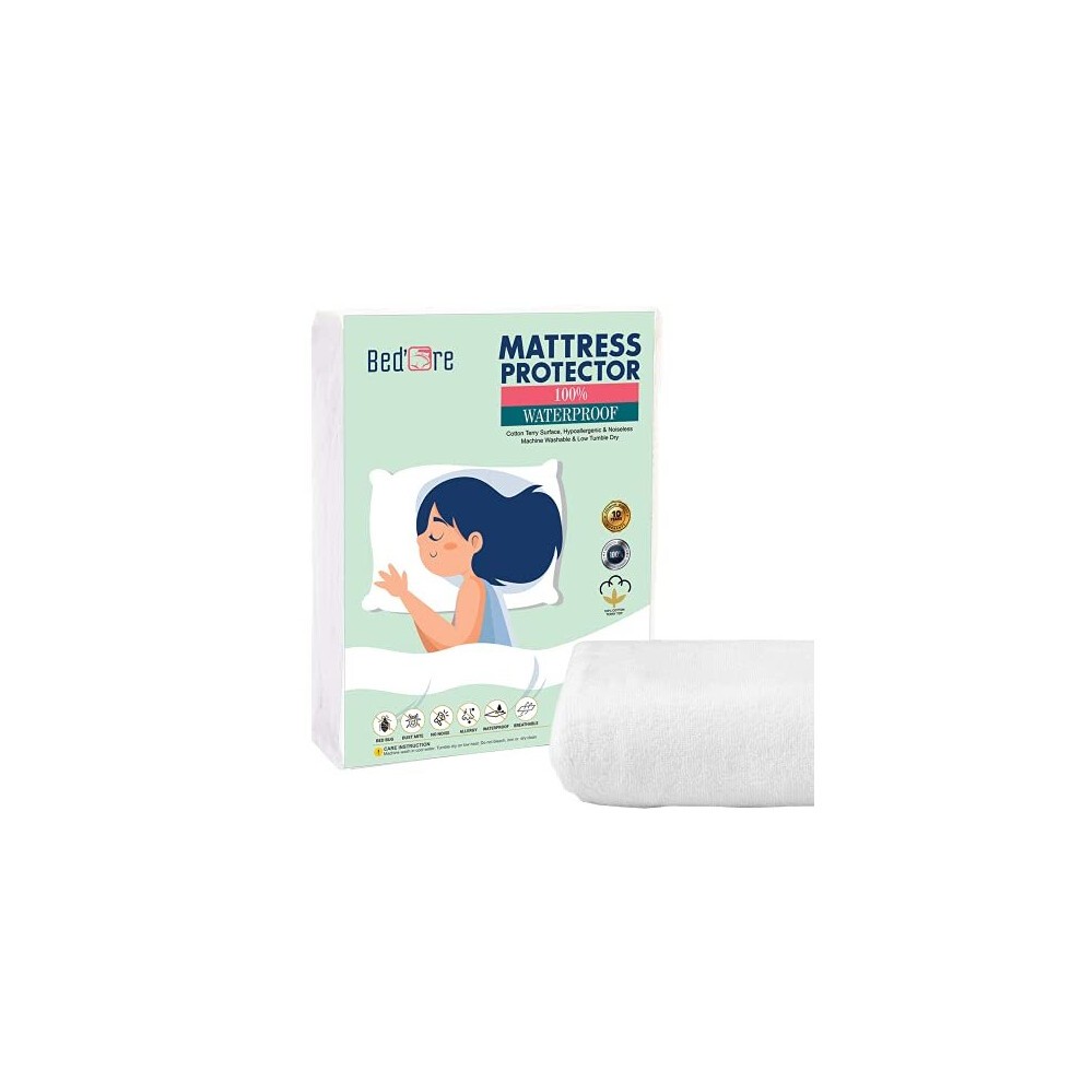 White waterproof mattress protector with a cotton terry top, featuring a fitted design, machine washable, and packaged in a colorful box with an illustration of a child sleeping.