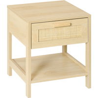 Bedside table with light wood finish, rattan drawer, and lower storage shelf.