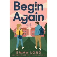"Begin Again book cover with two students, backpacks, facing a pink building under a blue sky."
