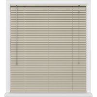 Beige horizontal window blinds with pull cords and white frame.