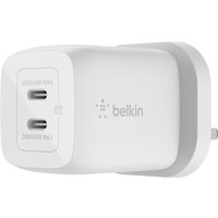 White Belkin BOOST CHARGE PRO AC fast charger with dual USB-C ports and sleek compact design.